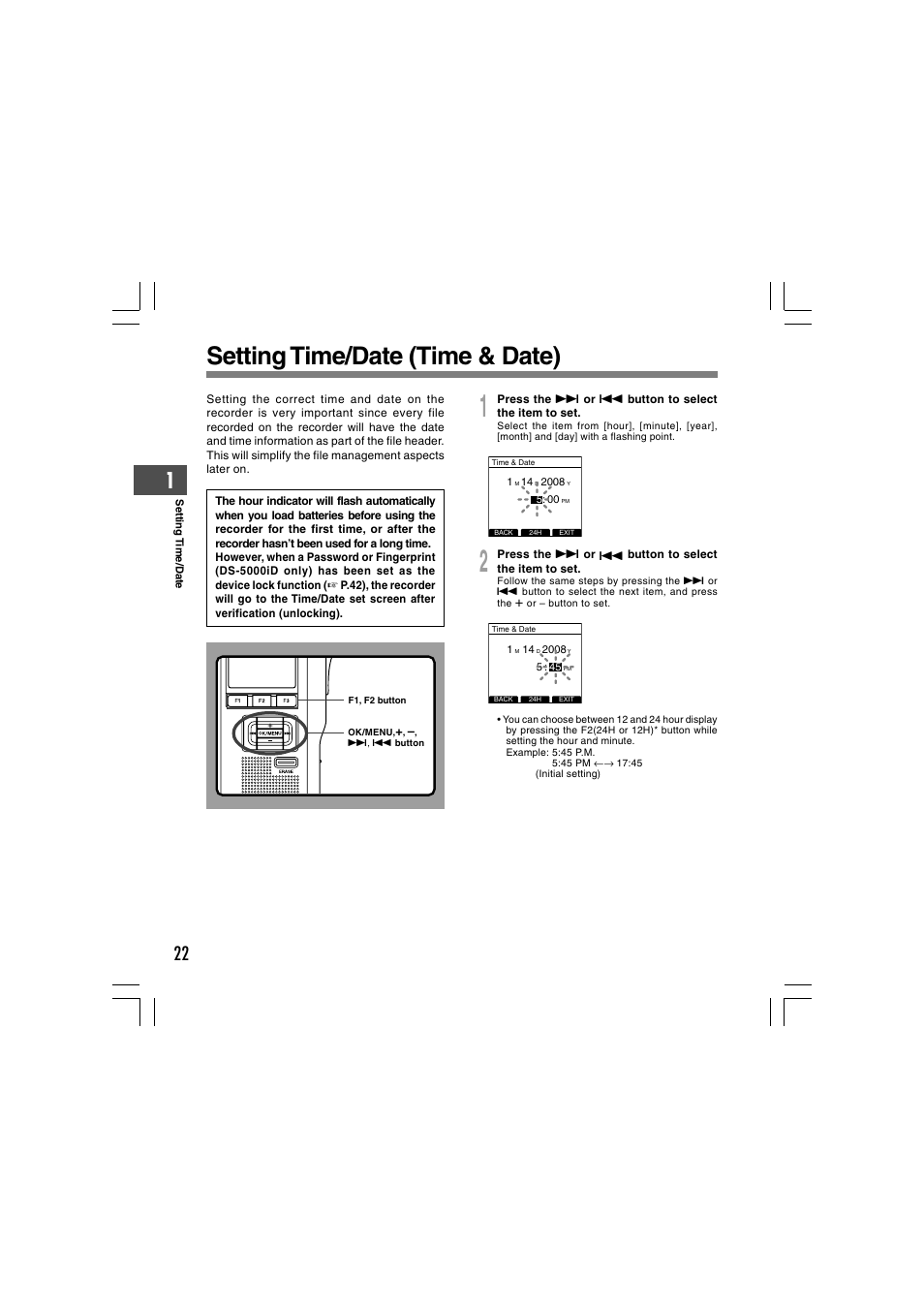 Setting time/date (time & date) | Olympus DS-5000 User Manual | Page 22 / 69