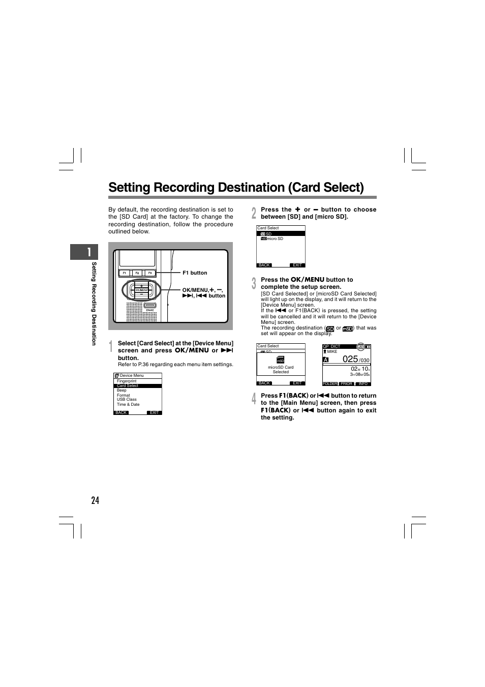 Setting recording destination (card select) | Olympus DS-5000 User Manual | Page 24 / 69