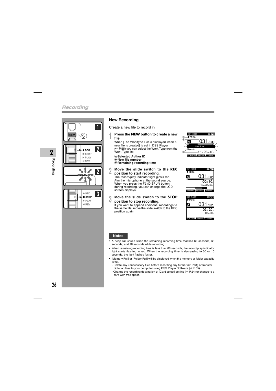 Recording, New recording | Olympus DS-5000 User Manual | Page 26 / 69