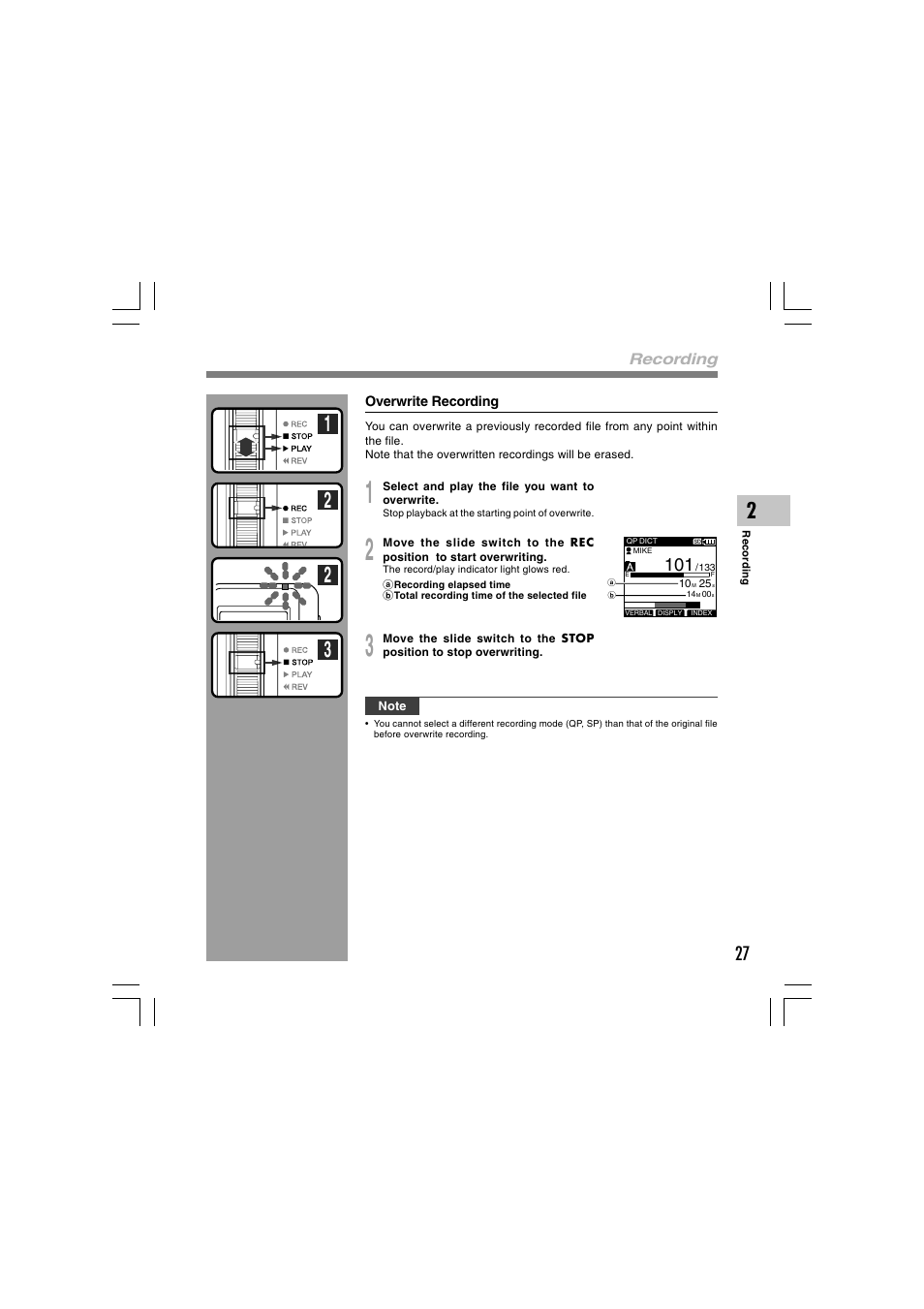 Recording | Olympus DS-5000 User Manual | Page 27 / 69