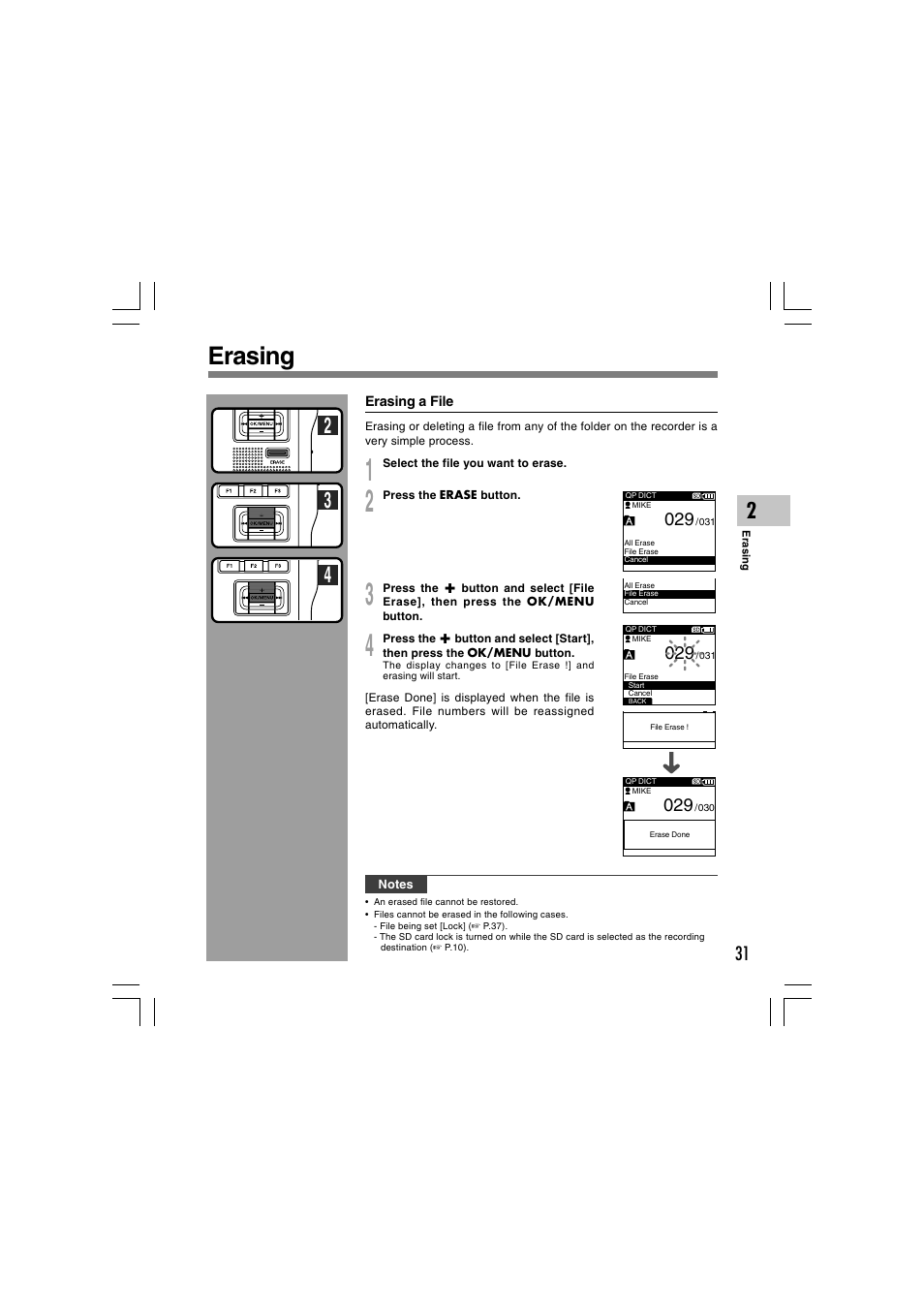 Erasing | Olympus DS-5000 User Manual | Page 31 / 69