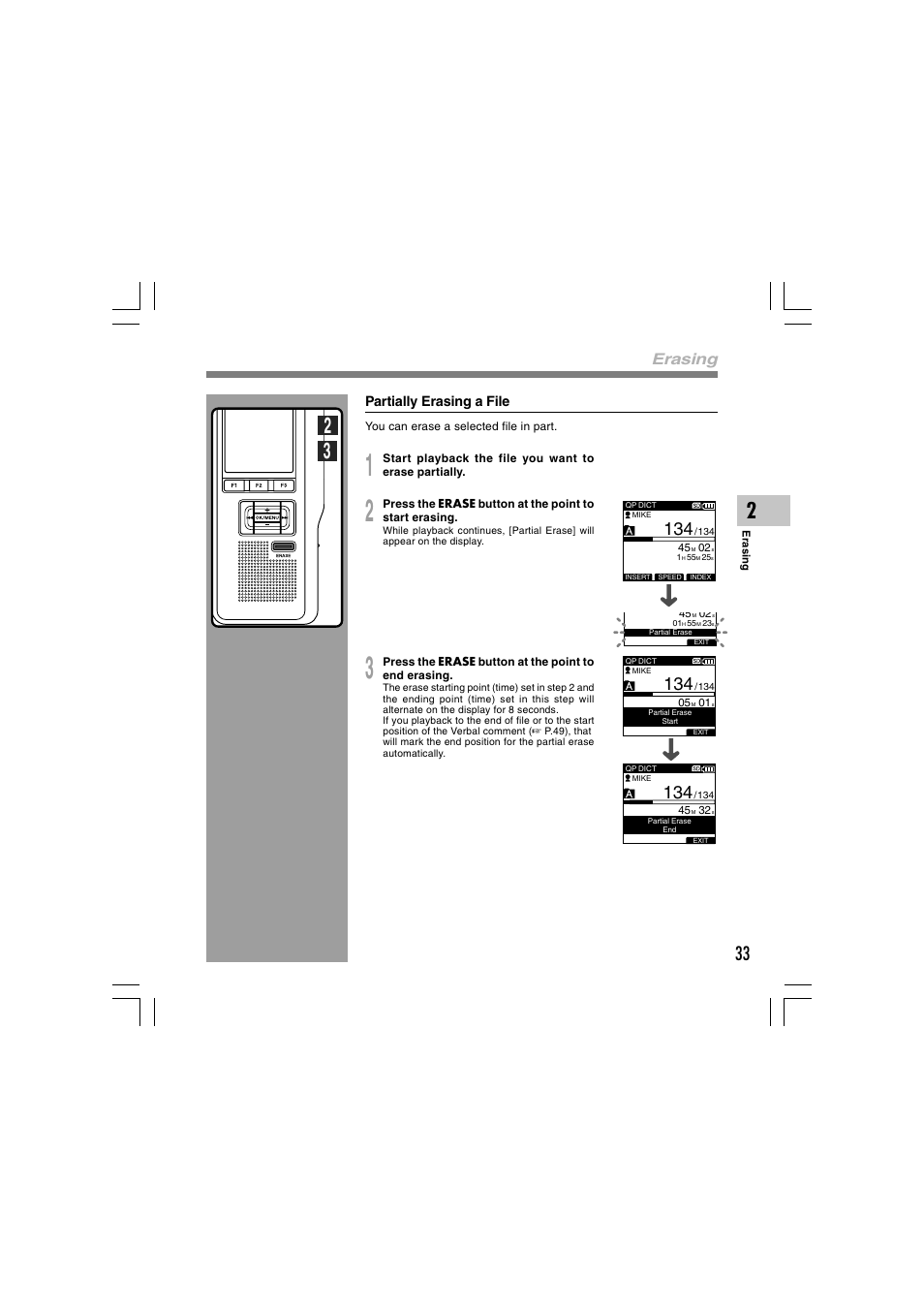 Erasing, Partially erasing a file | Olympus DS-5000 User Manual | Page 33 / 69