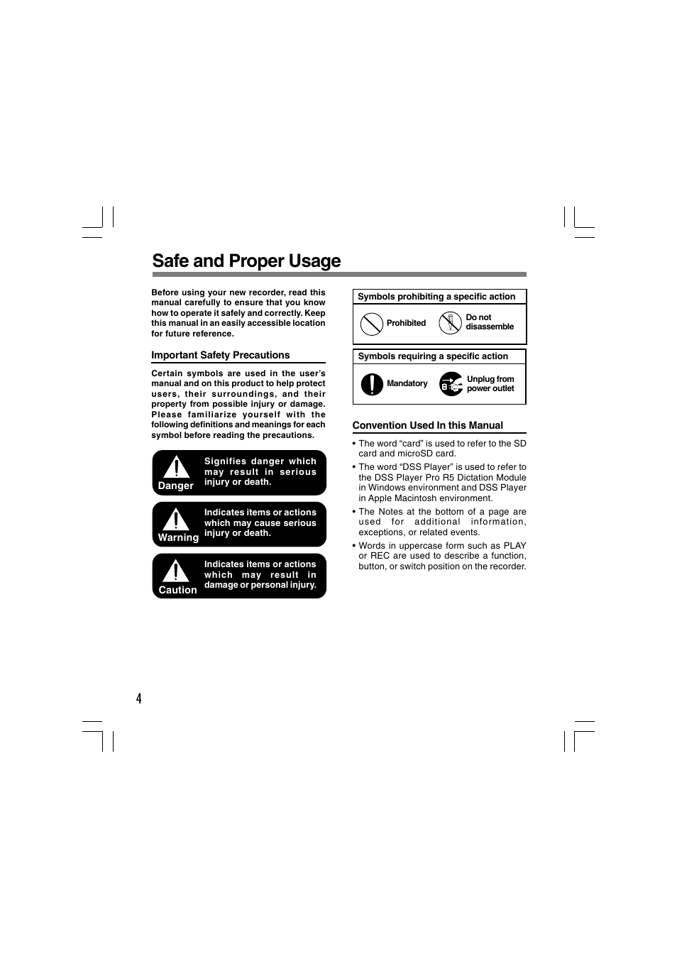 Safe and proper usage | Olympus DS-5000 User Manual | Page 4 / 69