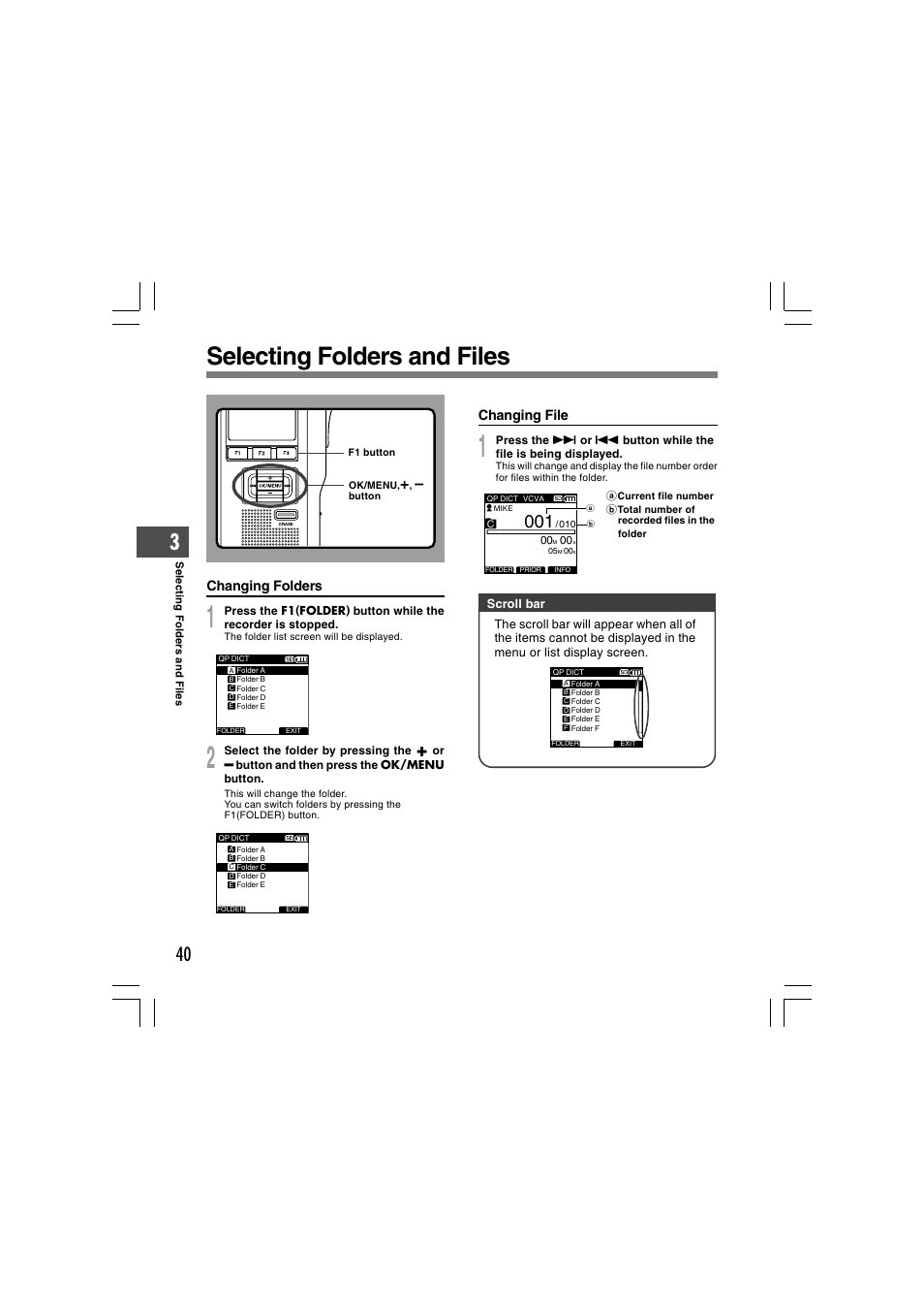 Selecting folders and files | Olympus DS-5000 User Manual | Page 40 / 69