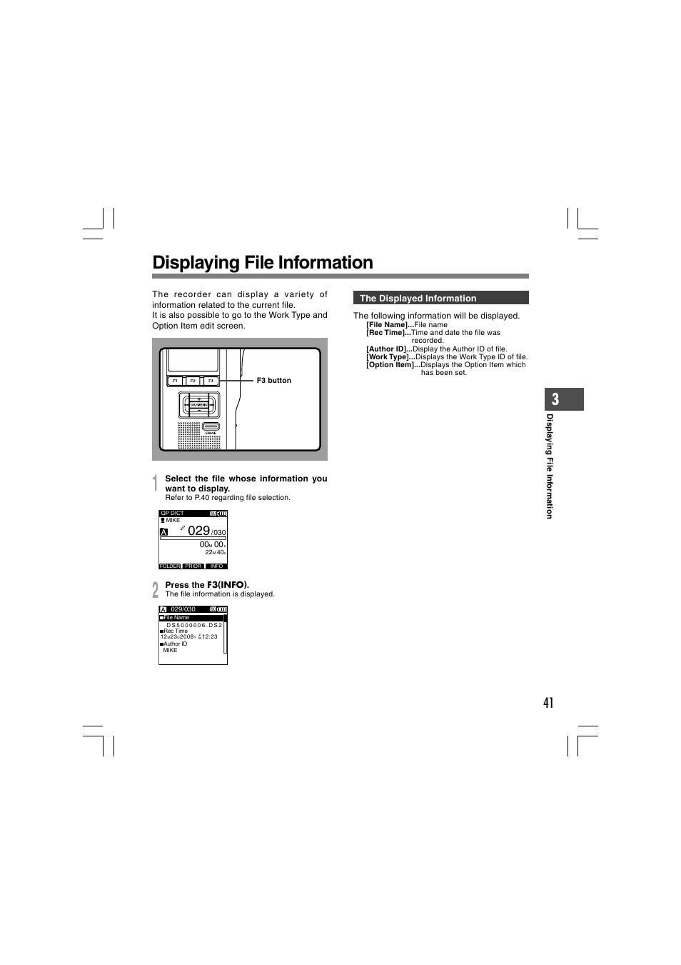 Displaying file information | Olympus DS-5000 User Manual | Page 41 / 69