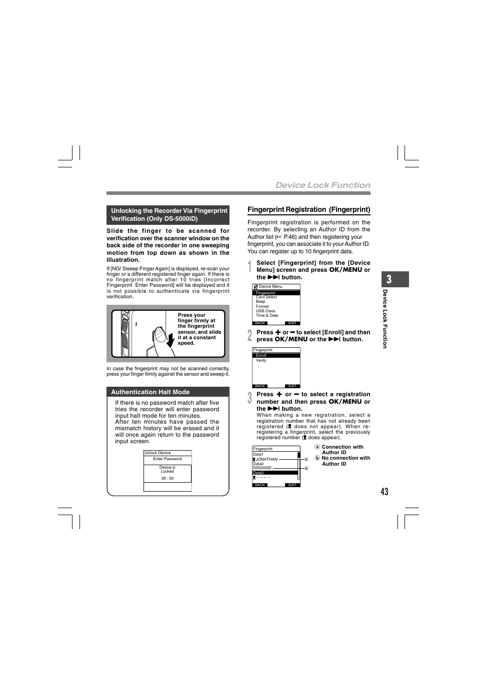 Device lock function | Olympus DS-5000 User Manual | Page 43 / 69