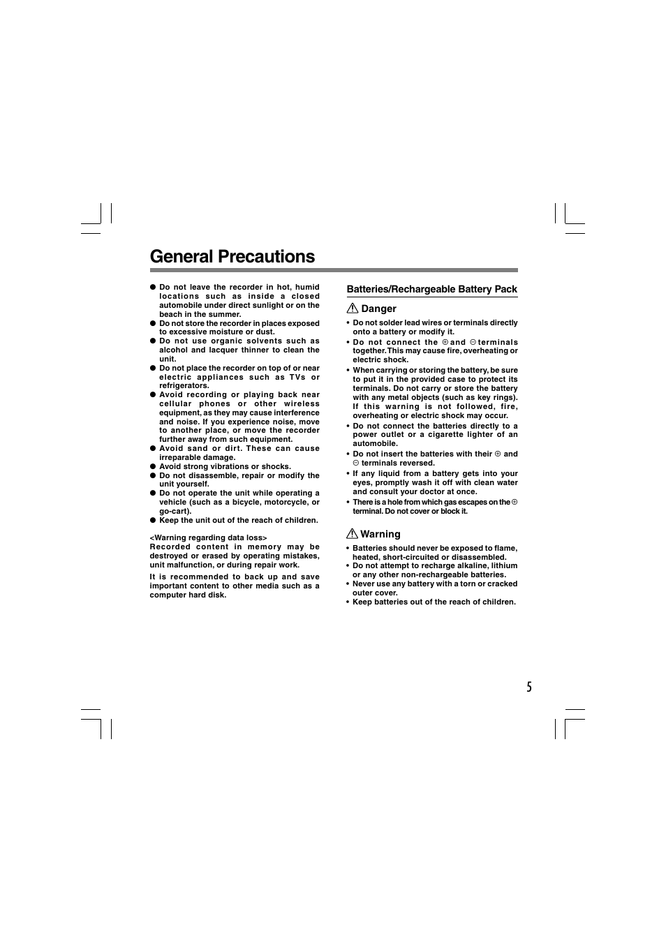 General precautions | Olympus DS-5000 User Manual | Page 5 / 69