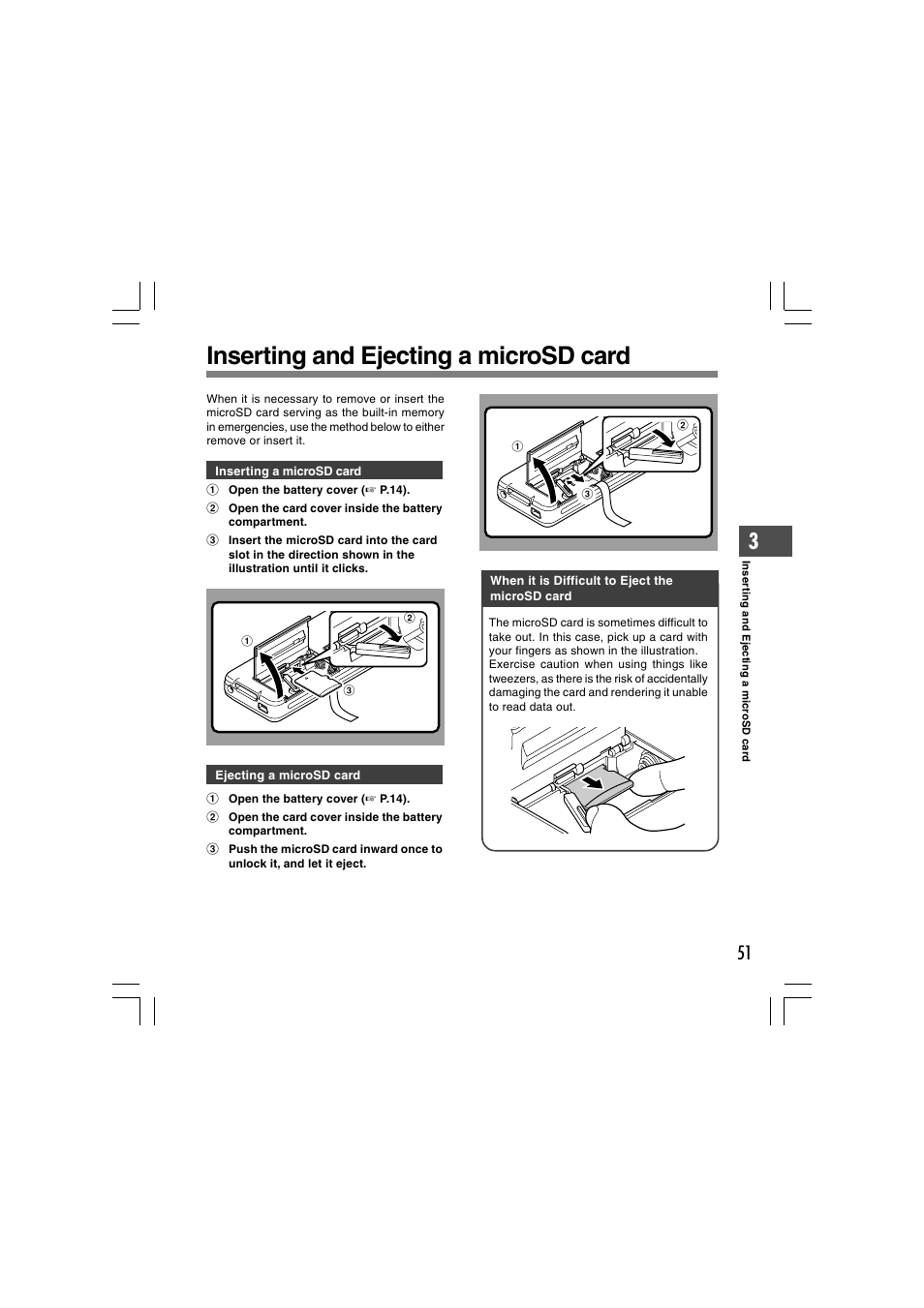 Inserting and ejecting a microsd card | Olympus DS-5000 User Manual | Page 51 / 69