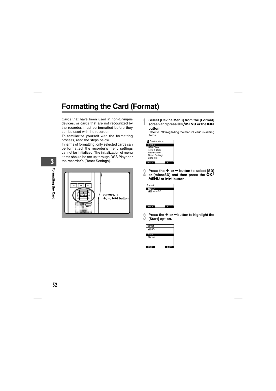 Formatting the card (format) | Olympus DS-5000 User Manual | Page 52 / 69