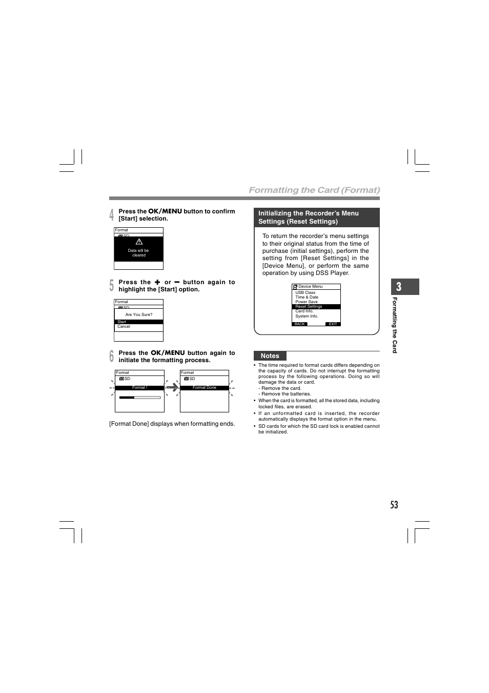 Formatting the card (format) | Olympus DS-5000 User Manual | Page 53 / 69