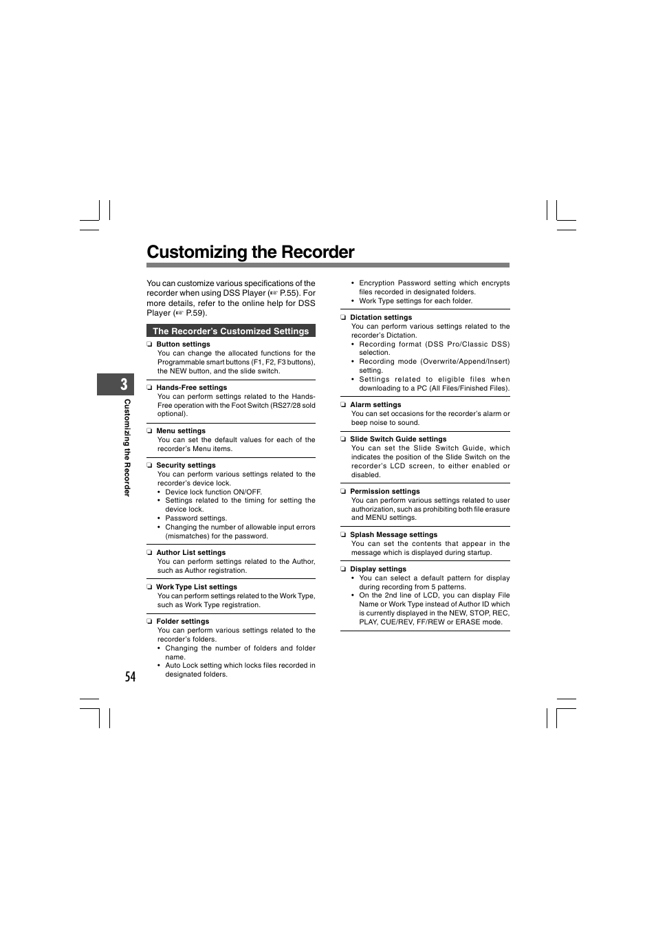 Customizing the recorder | Olympus DS-5000 User Manual | Page 54 / 69