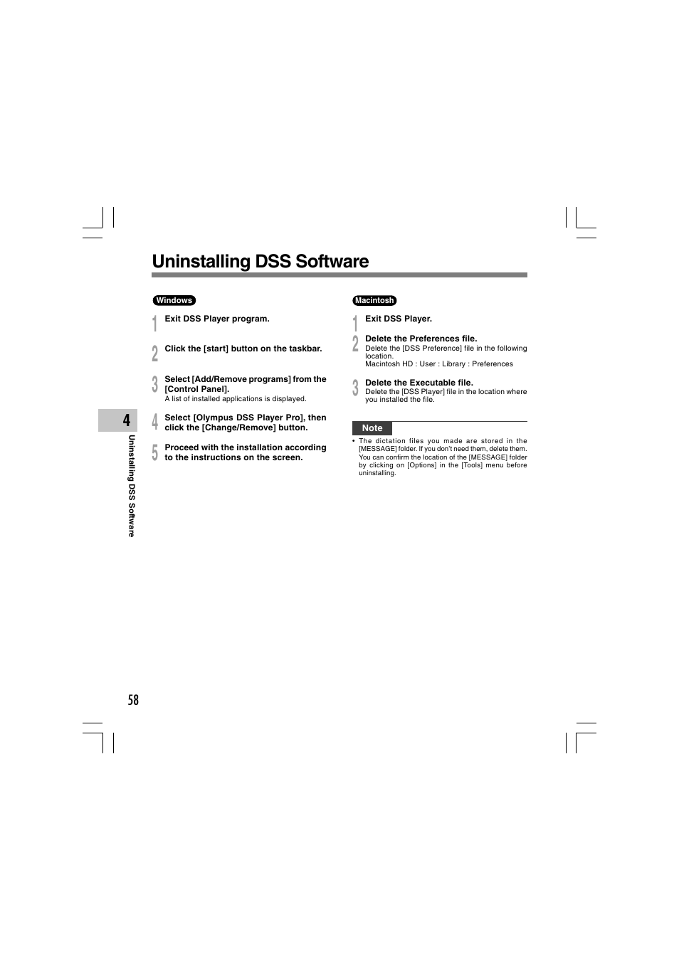 Uninstalling dss software | Olympus DS-5000 User Manual | Page 58 / 69