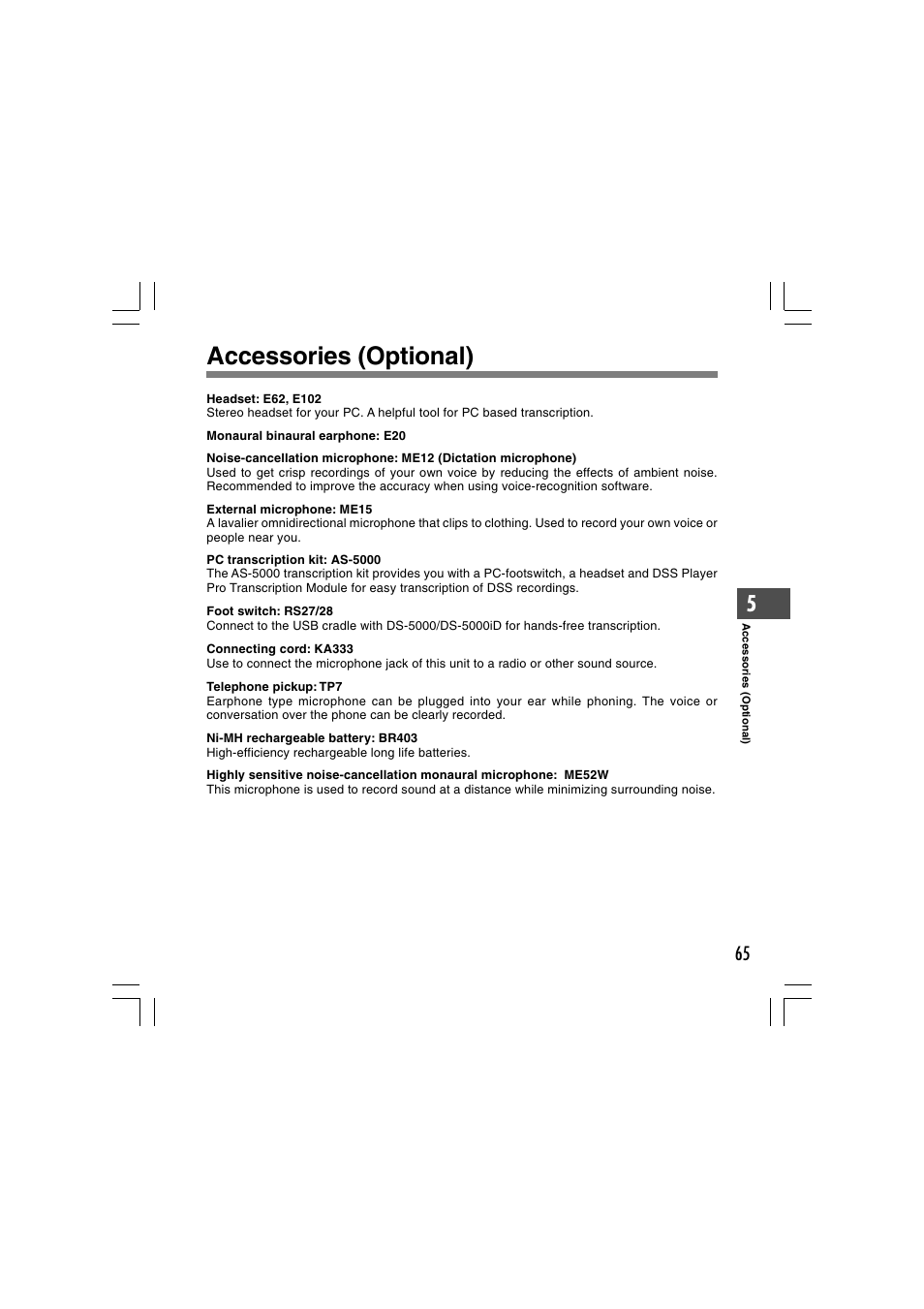 Accessories (optional) | Olympus DS-5000 User Manual | Page 65 / 69