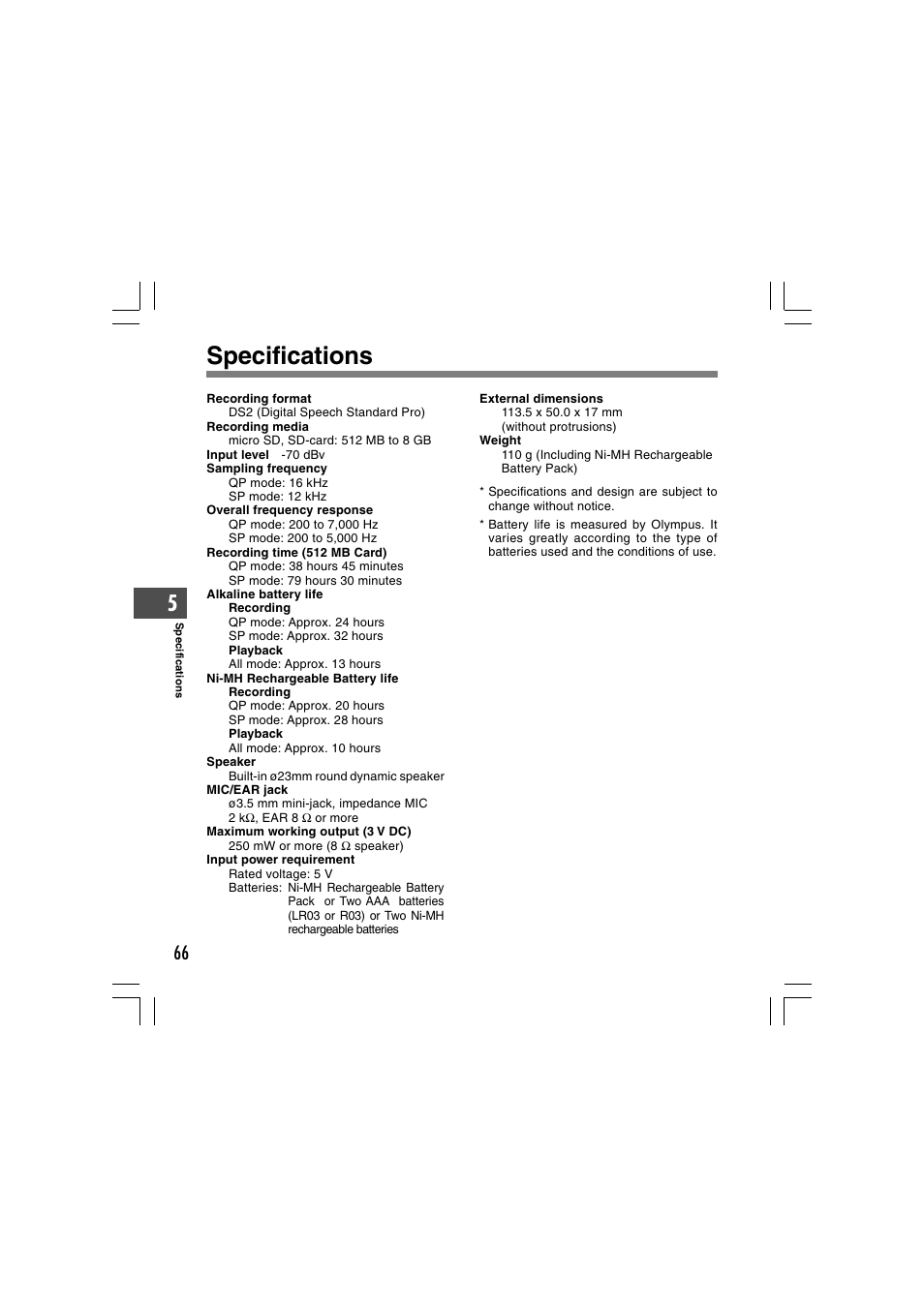 Specifications | Olympus DS-5000 User Manual | Page 66 / 69