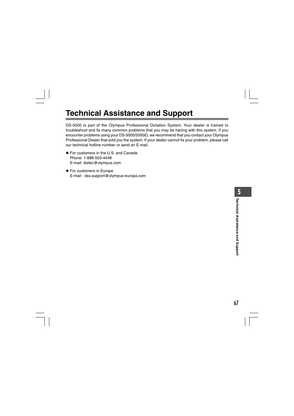 Technical assistance and support | Olympus DS-5000 User Manual | Page 67 / 69