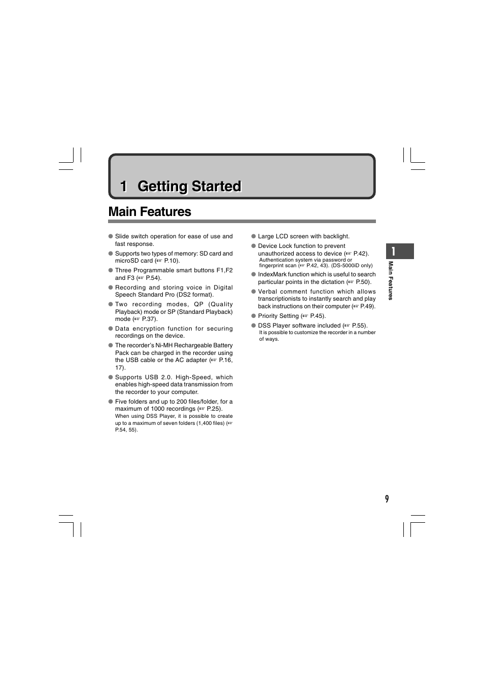 1 getting started, Main features | Olympus DS-5000 User Manual | Page 9 / 69