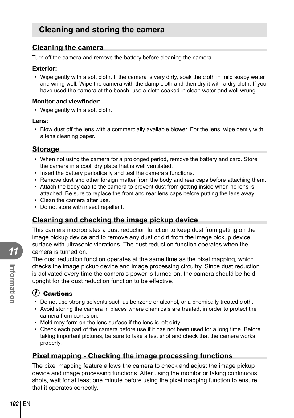 Cleaning and storing the camera | Olympus EM5 User Manual | Page 102 / 133