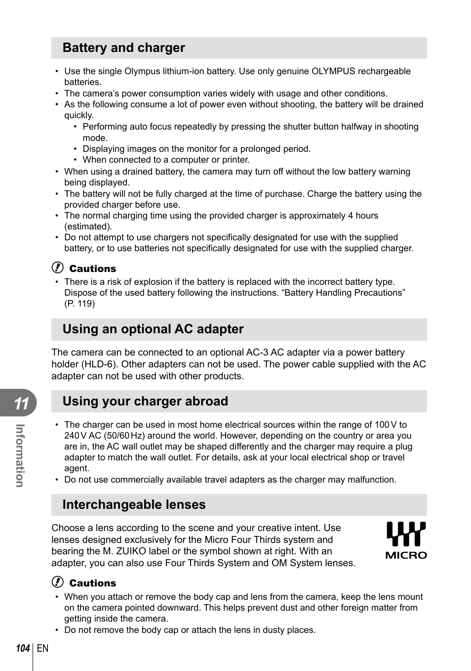 Battery and charger, Using an optional ac adapter, Using your charger abroad | Interchangeable lenses | Olympus EM5 User Manual | Page 104 / 133