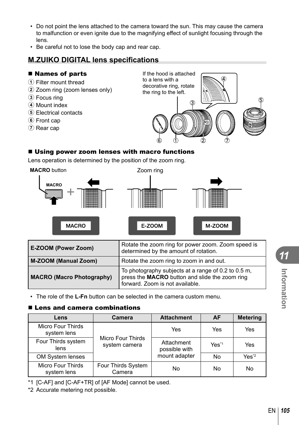 Information, M.zuiko digital lens specifications | Olympus EM5 User Manual | Page 105 / 133