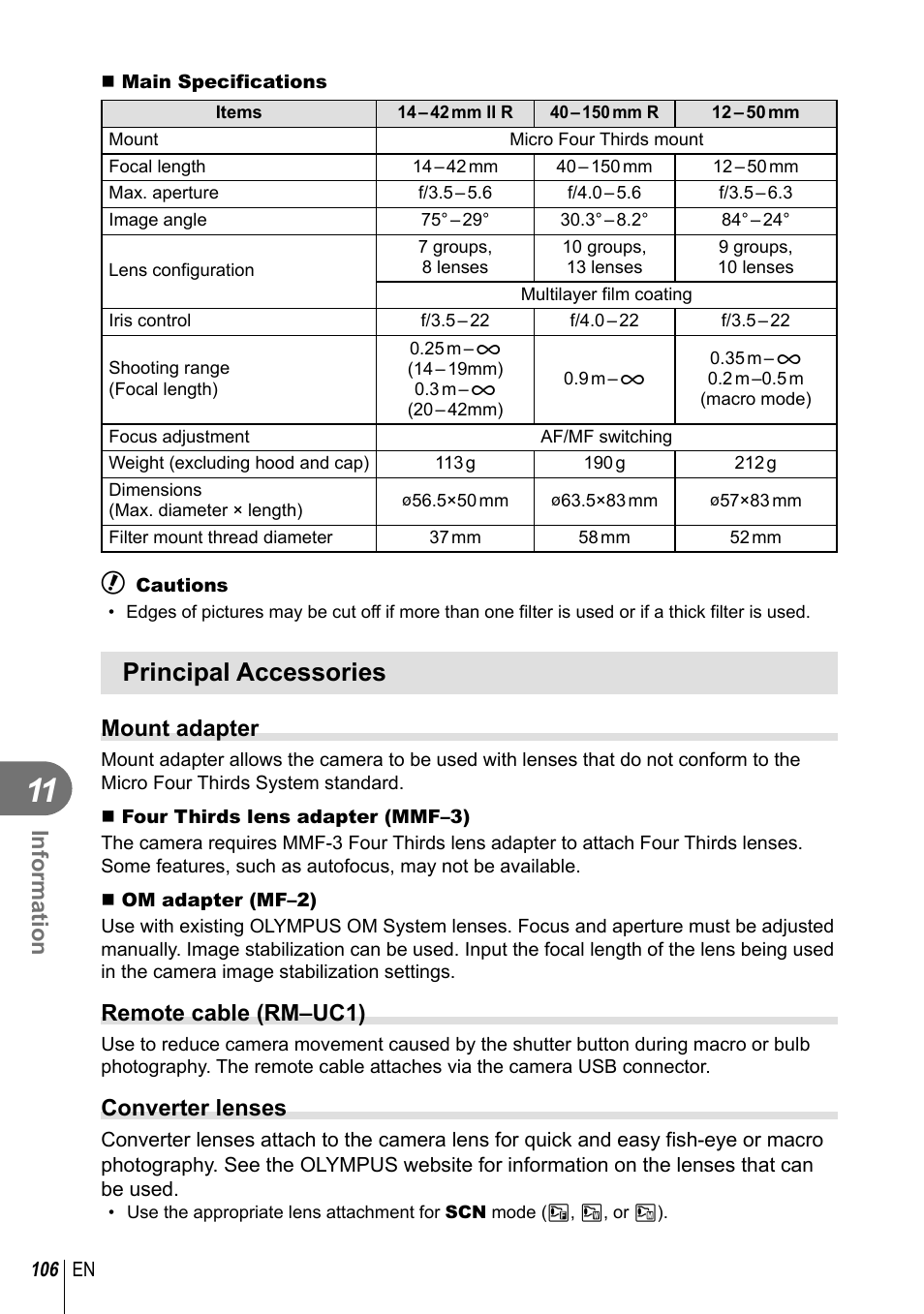 Principal accessories, Information, Mount adapter | Remote cable (rm–uc1), Converter lenses | Olympus EM5 User Manual | Page 106 / 133