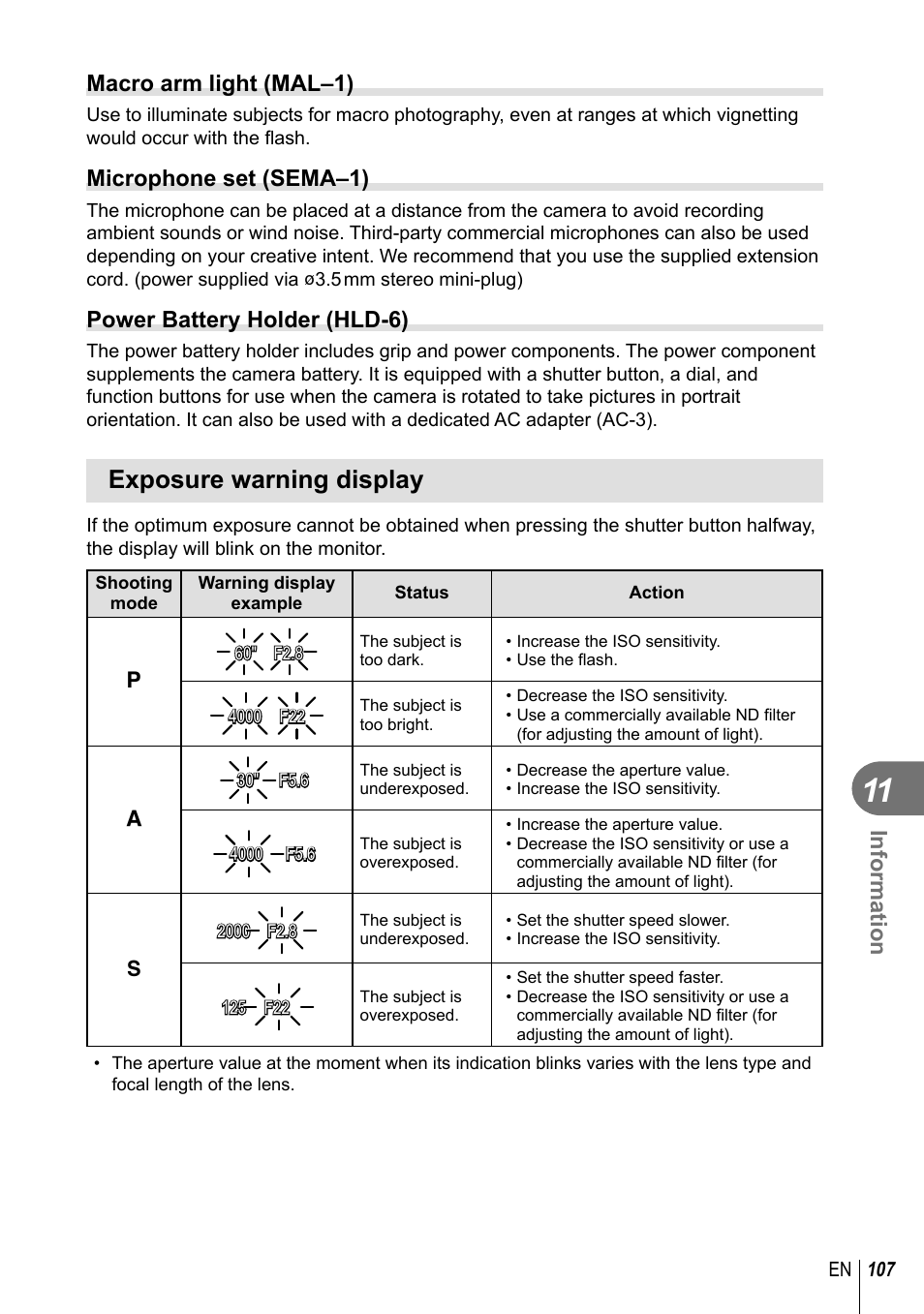 Exposure warning display, Information, Macro arm light (mal–1) | Microphone set (sema–1), Power battery holder (hld-6) | Olympus EM5 User Manual | Page 107 / 133