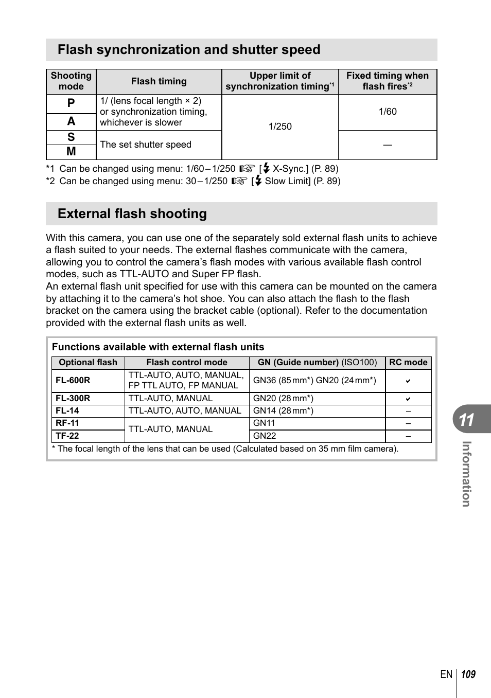 Flash synchronization and shutter speed, External flash shooting, Information | Olympus EM5 User Manual | Page 109 / 133