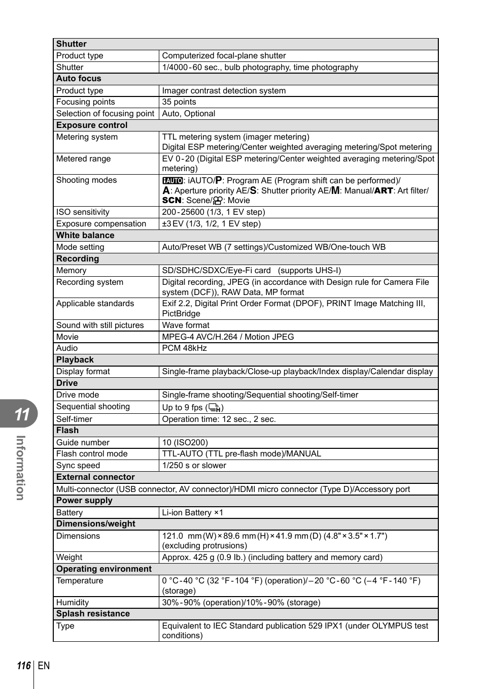 Information, 116 en | Olympus EM5 User Manual | Page 116 / 133