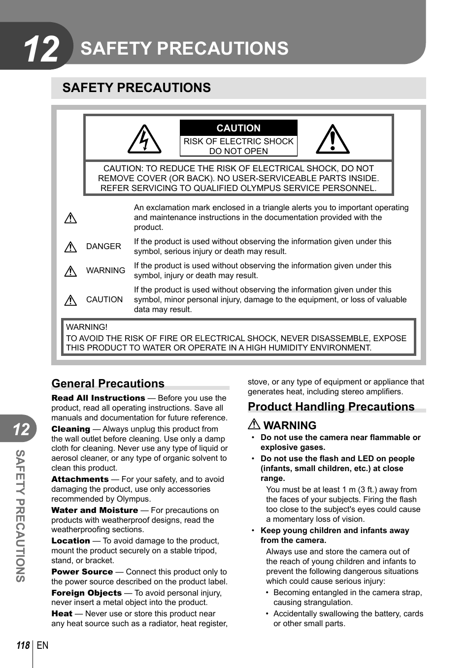 Safety precautions, General precautions, Product handling precautions | Olympus EM5 User Manual | Page 118 / 133