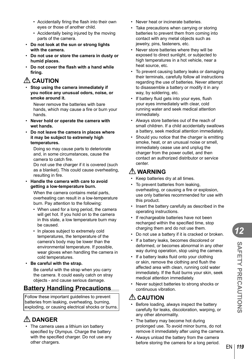 Safety precautions, Battery handling precautions, Caution | Danger, Warning, 119 en | Olympus EM5 User Manual | Page 119 / 133