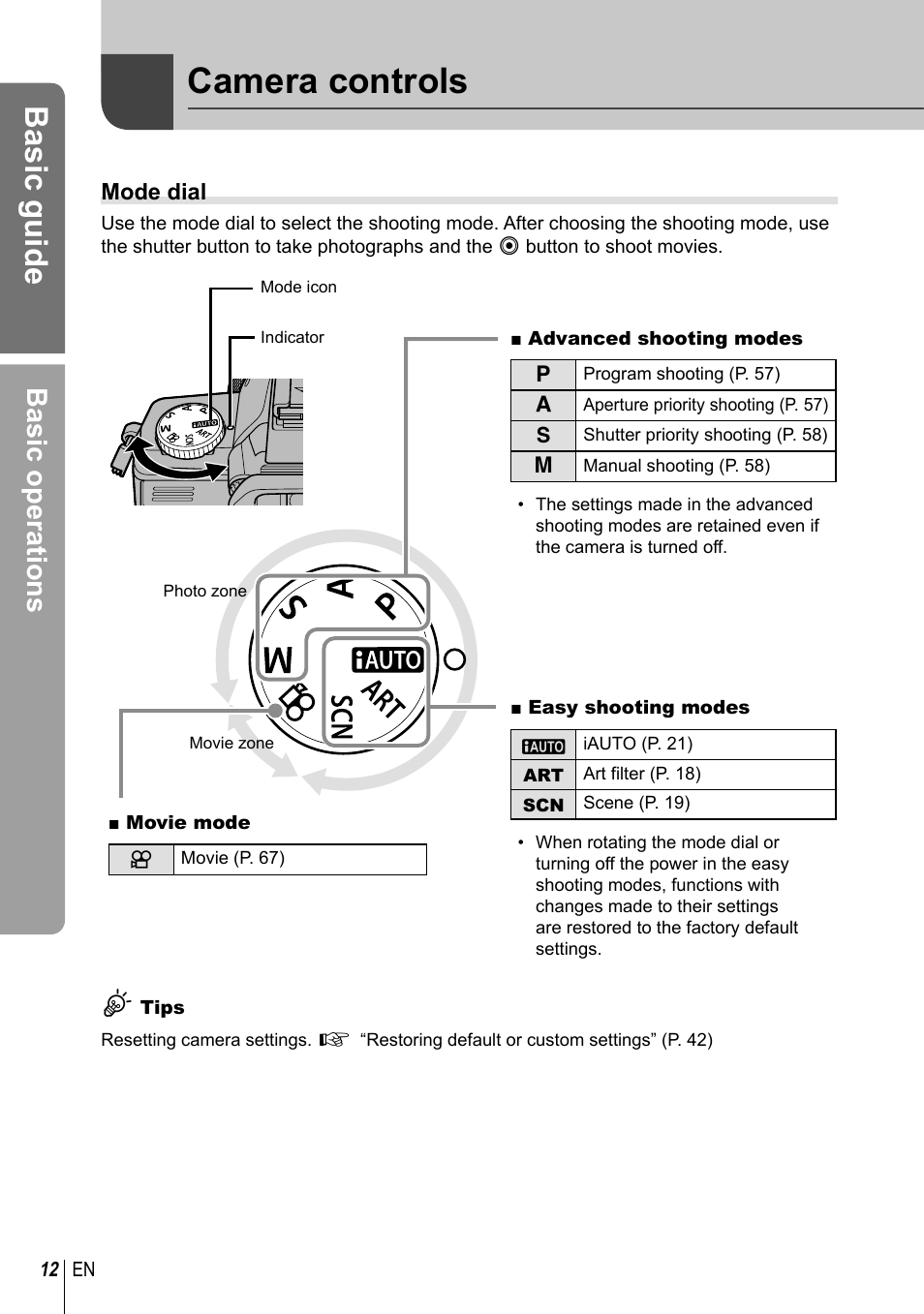 Camera controls, Basic guide, Basic operations | Olympus EM5 User Manual | Page 12 / 133