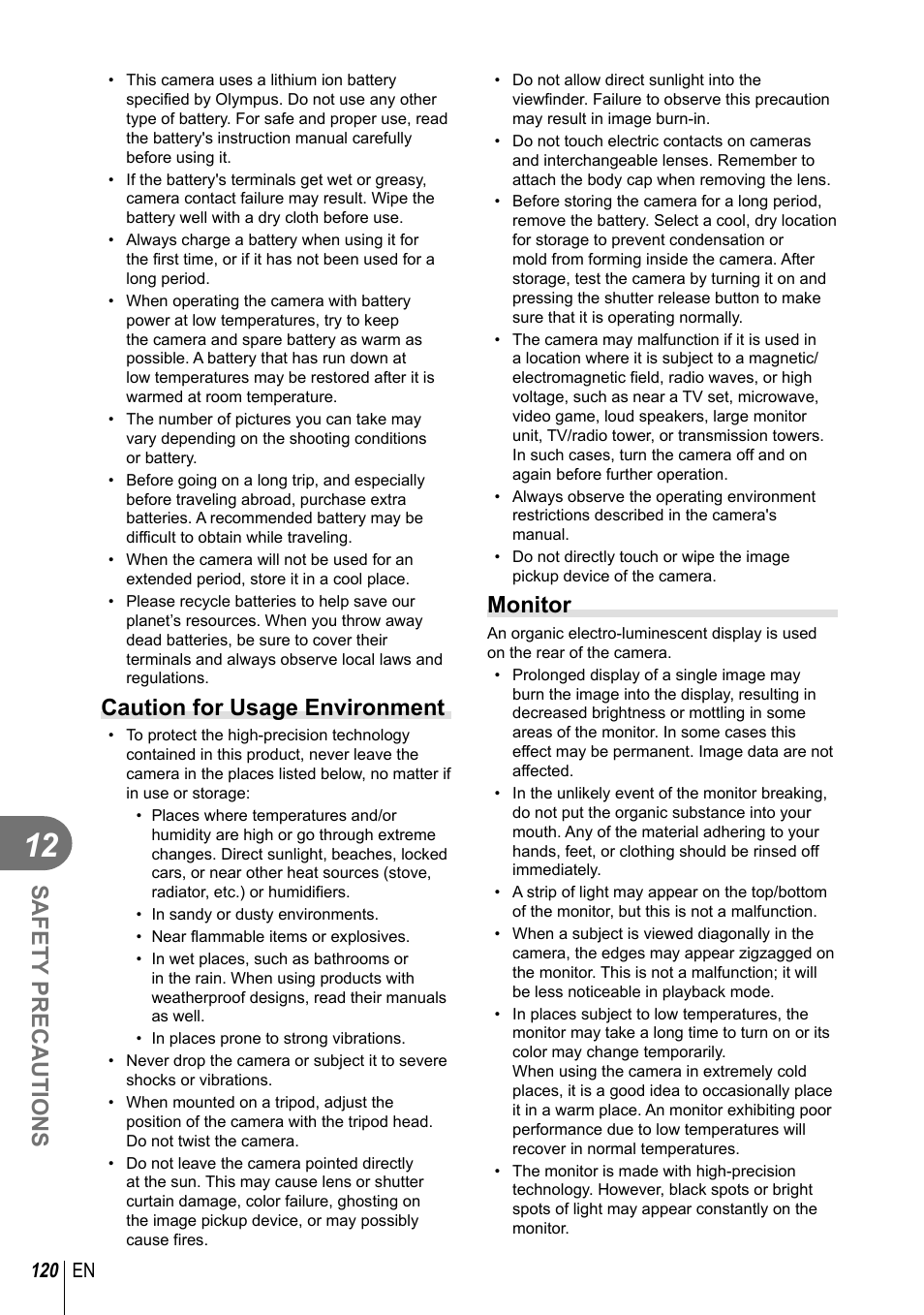 Safety precautions, Caution for usage environment, Monitor | 120 en | Olympus EM5 User Manual | Page 120 / 133