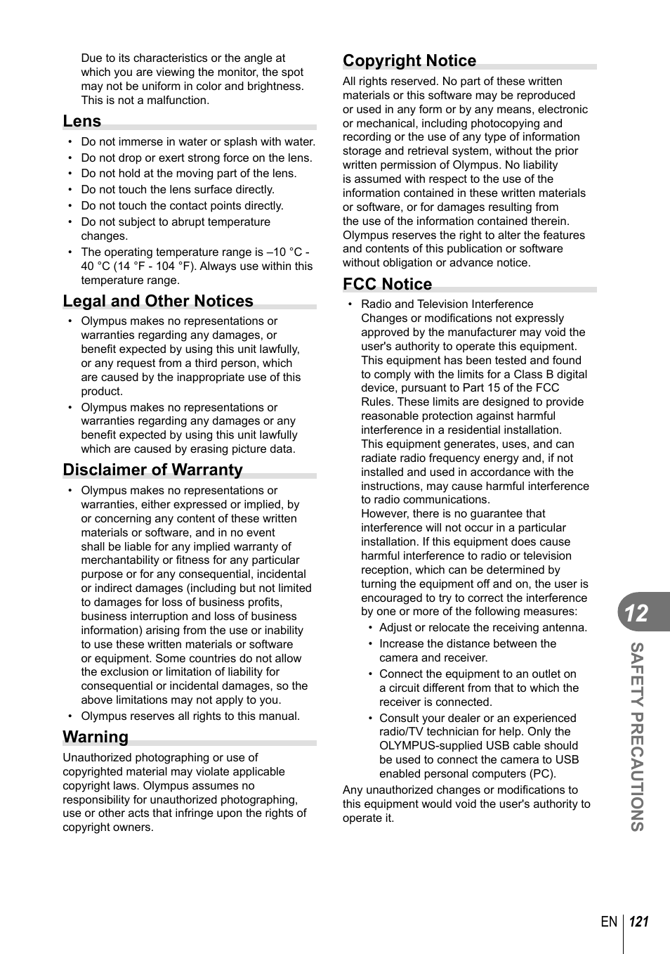 Safety precautions, Lens, Legal and other notices | Disclaimer of warranty, Warning, Copyright notice, Fcc notice | Olympus EM5 User Manual | Page 121 / 133