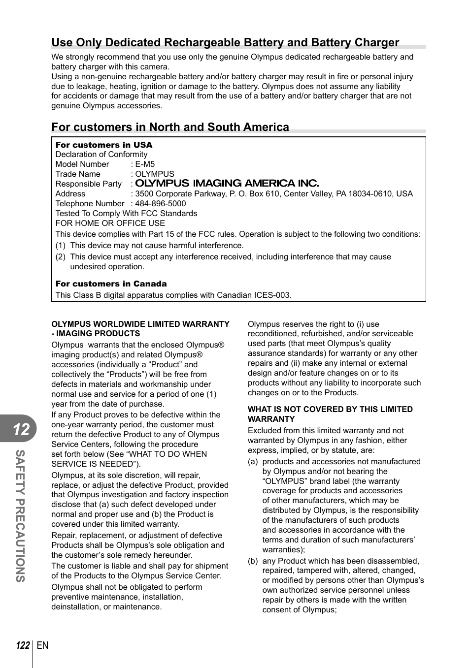 Safety precautions, For customers in north and south america | Olympus EM5 User Manual | Page 122 / 133