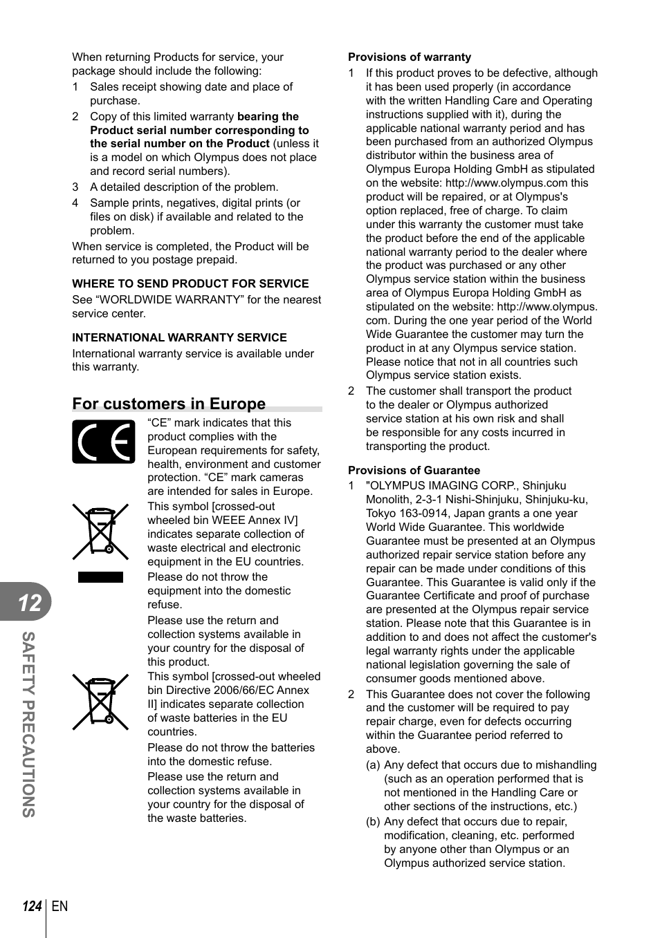 Safety precautions, For customers in europe | Olympus EM5 User Manual | Page 124 / 133