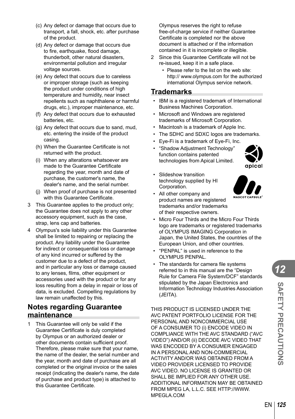 Safety precautions, Trademarks, 125 en | Olympus EM5 User Manual | Page 125 / 133