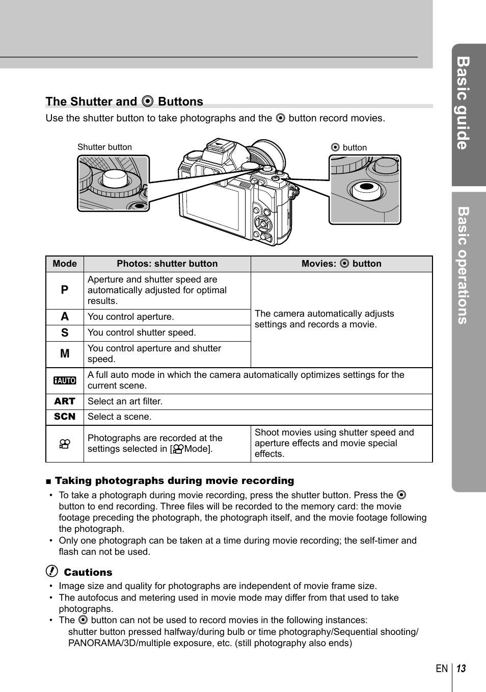 Basic guide, Basic operations, The shutter and r buttons | Olympus EM5 User Manual | Page 13 / 133