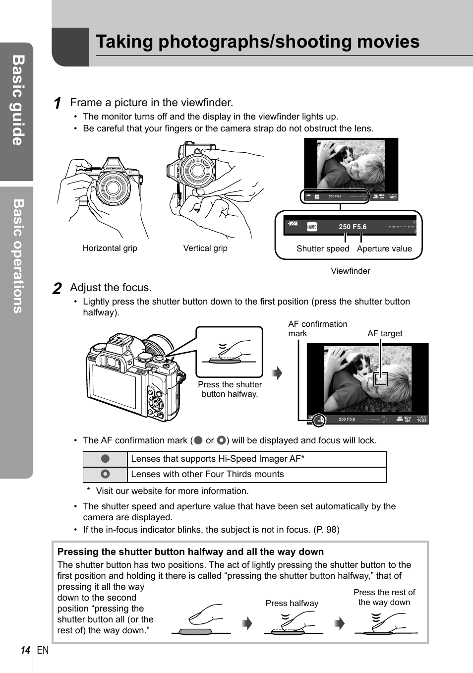 Taking photographs/shooting movies, Basic guide, Basic operations | Frame a picture in the viewfi nder, Adjust the focus, 14 en | Olympus EM5 User Manual | Page 14 / 133