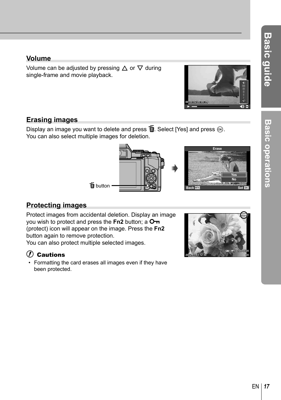 Basic guide, Basic operations, Volume | Erasing images, Protecting images, 17 en | Olympus EM5 User Manual | Page 17 / 133