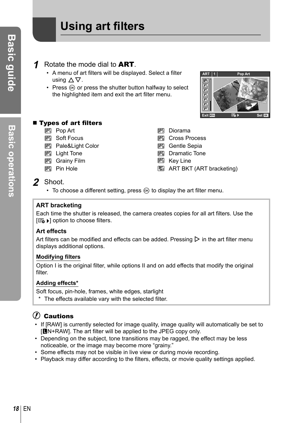 Using art filters, Basic guide, Basic operations | Olympus EM5 User Manual | Page 18 / 133