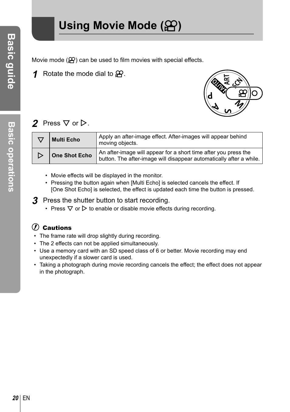 Using movie mode ( n ), Basic guide, Basic operations | Olympus EM5 User Manual | Page 20 / 133