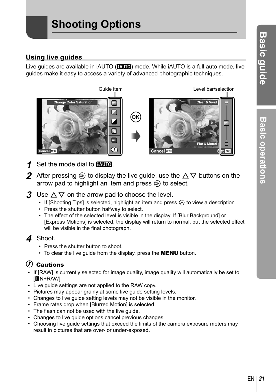 Shooting options, Basic guide, Basic operations | Olympus EM5 User Manual | Page 21 / 133