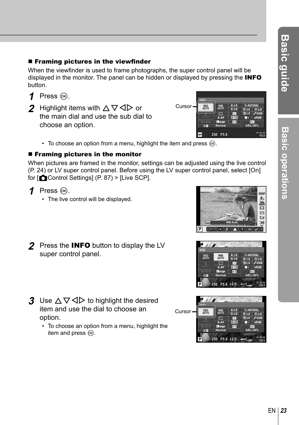 Basic guide, Basic operations, Press q | 23 en, The live control will be displayed, Cursor | Olympus EM5 User Manual | Page 23 / 133