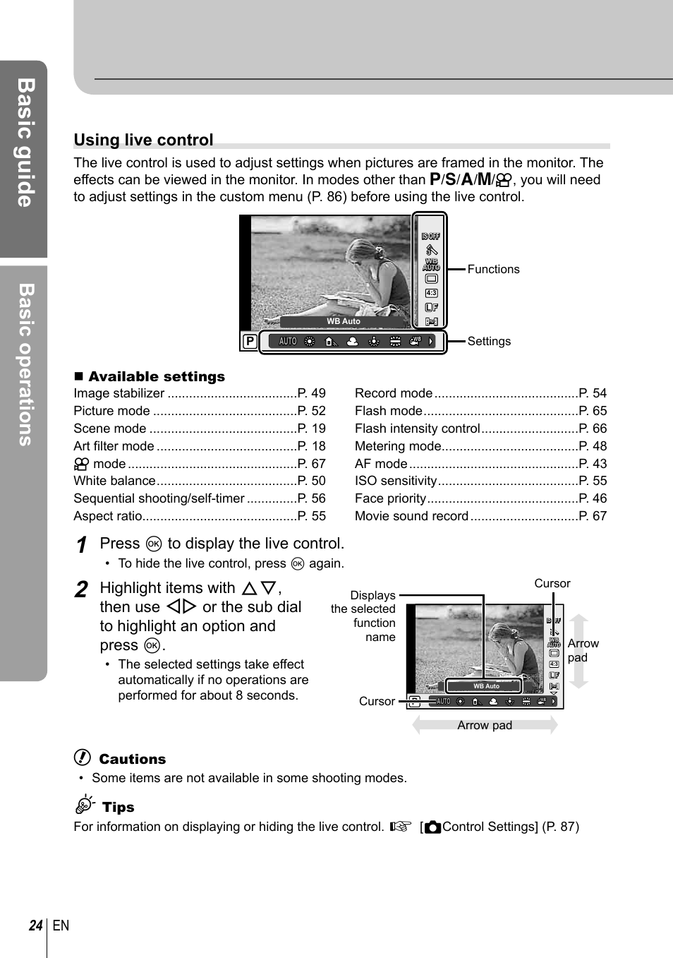 Basic guide, Basic operations, Using live control | Press q to display the live control, 24 en, Available settings, Cautions, Tips | Olympus EM5 User Manual | Page 24 / 133