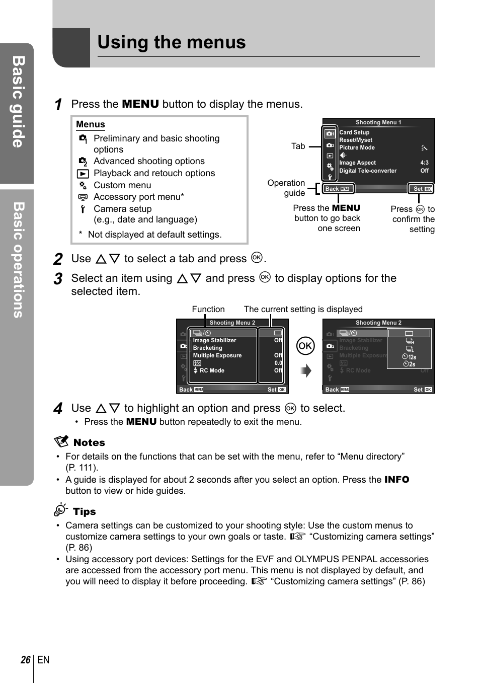 Using the menus, Basic guide, Basic operations | Press the menu button to display the menus, Use fg to select a tab and press q, 26 en | Olympus EM5 User Manual | Page 26 / 133