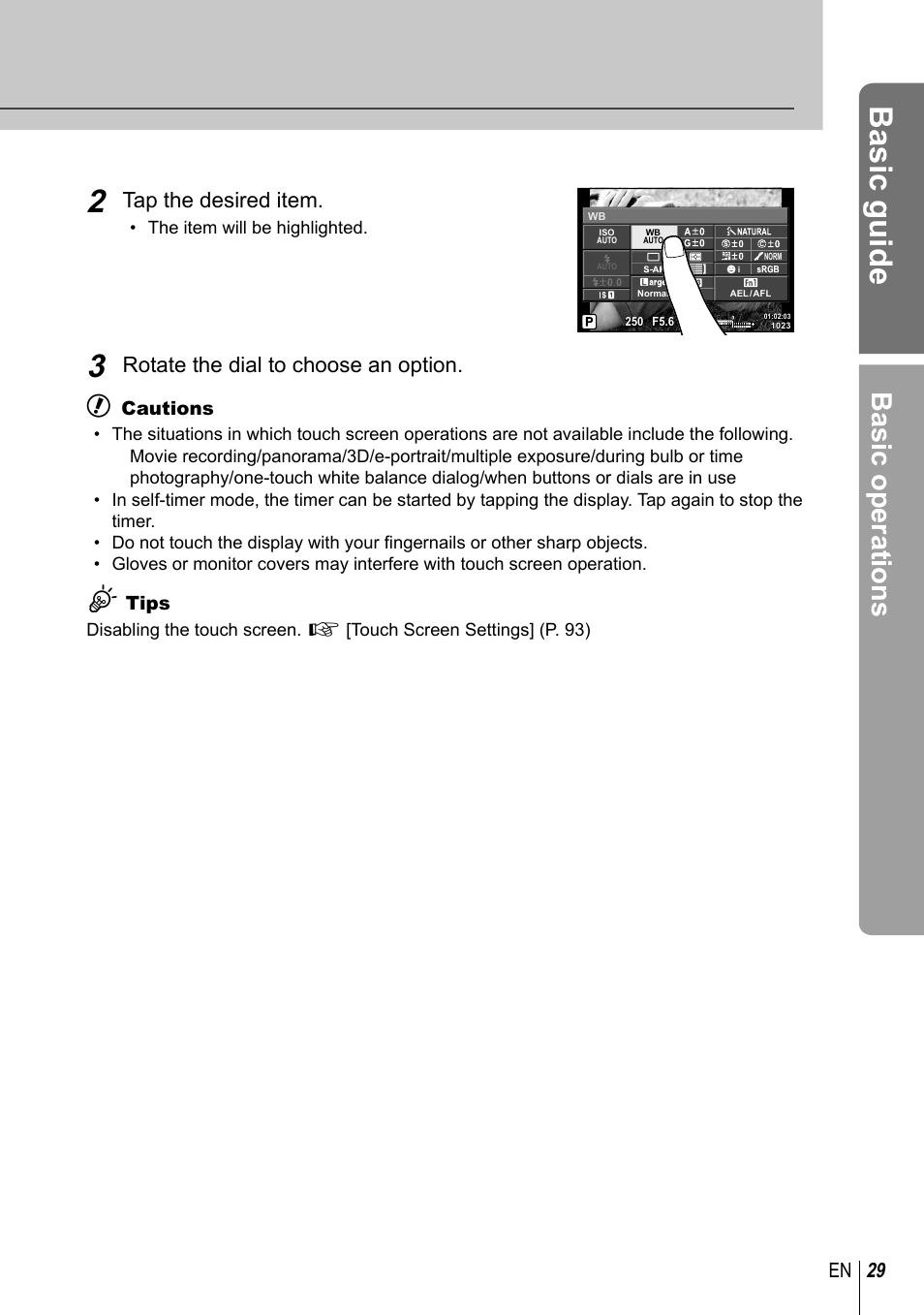 Basic guide, Basic operations, Tap the desired item | Rotate the dial to choose an option, 29 en | Olympus EM5 User Manual | Page 29 / 133