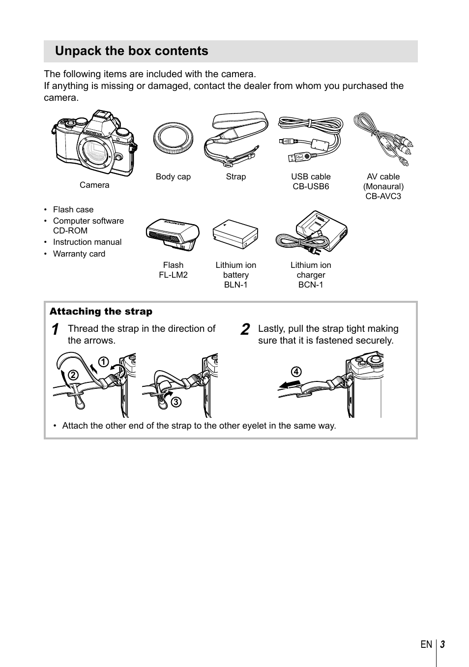 Unpack the box contents | Olympus EM5 User Manual | Page 3 / 133