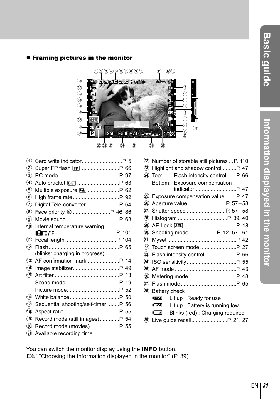 Basic guide, Information displayed in the monitor, 31 en | Olympus EM5 User Manual | Page 31 / 133