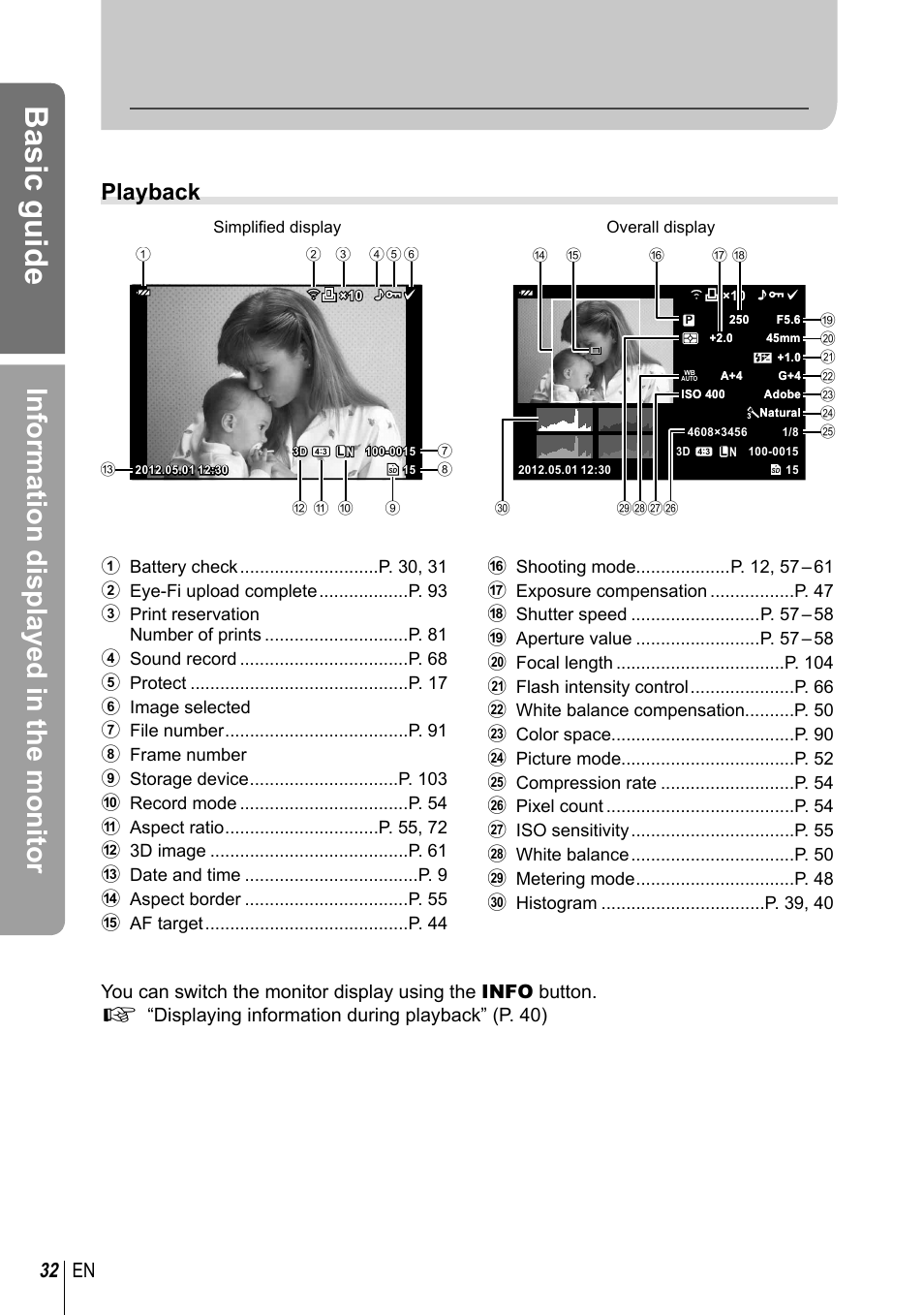 Basic guide, Information displayed in the monitor, Playback | 32 en | Olympus EM5 User Manual | Page 32 / 133