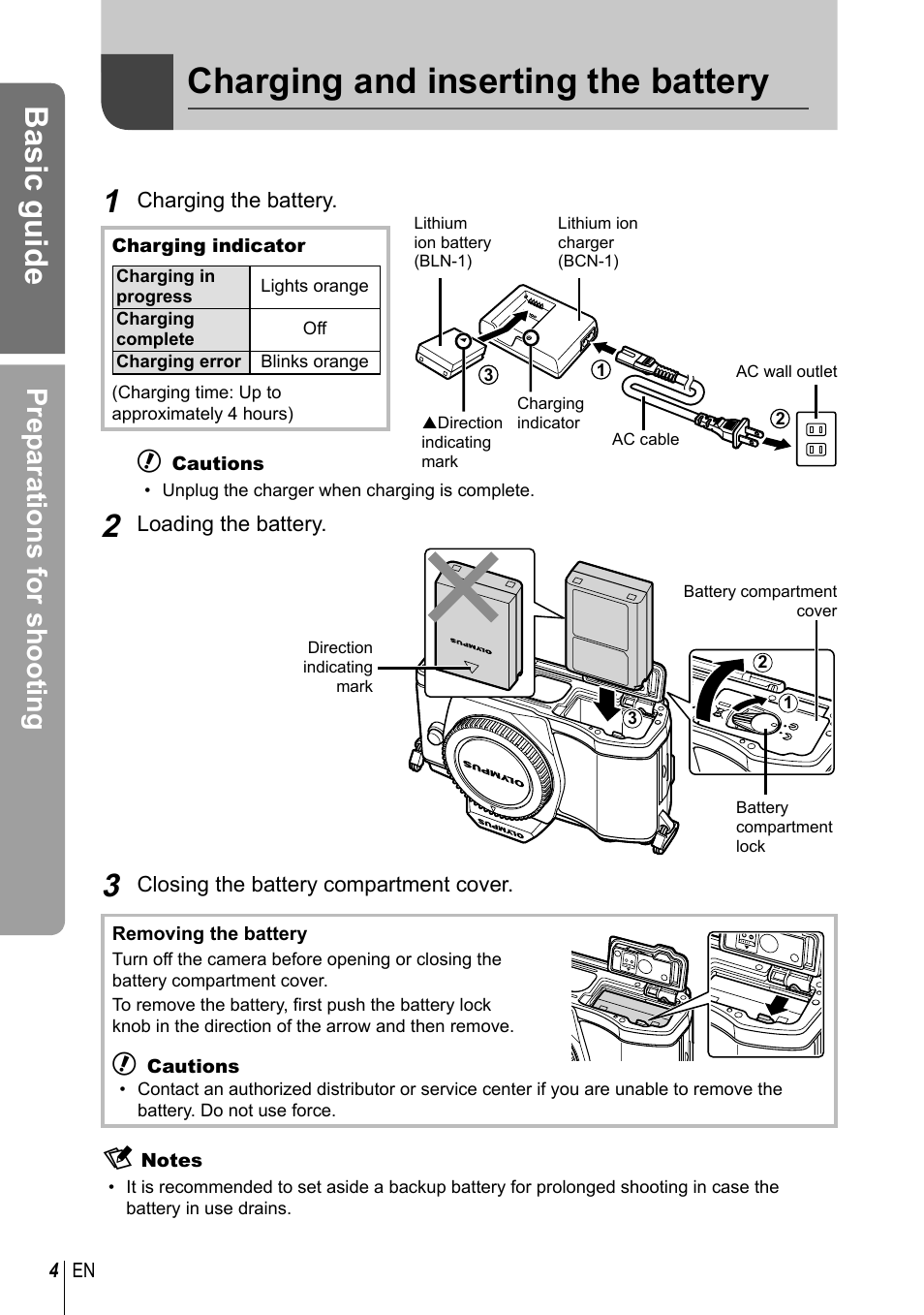 Basic guide, Charging and inserting the battery, Preparations for shooting | Olympus EM5 User Manual | Page 4 / 133