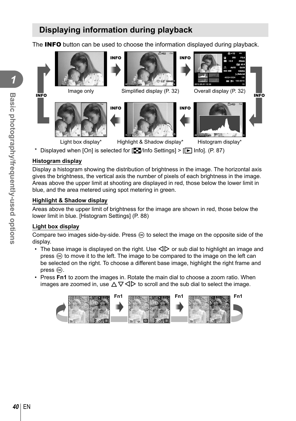 Displaying information during playback, Basic photography/frequently-used options, 40 en | Olympus EM5 User Manual | Page 40 / 133